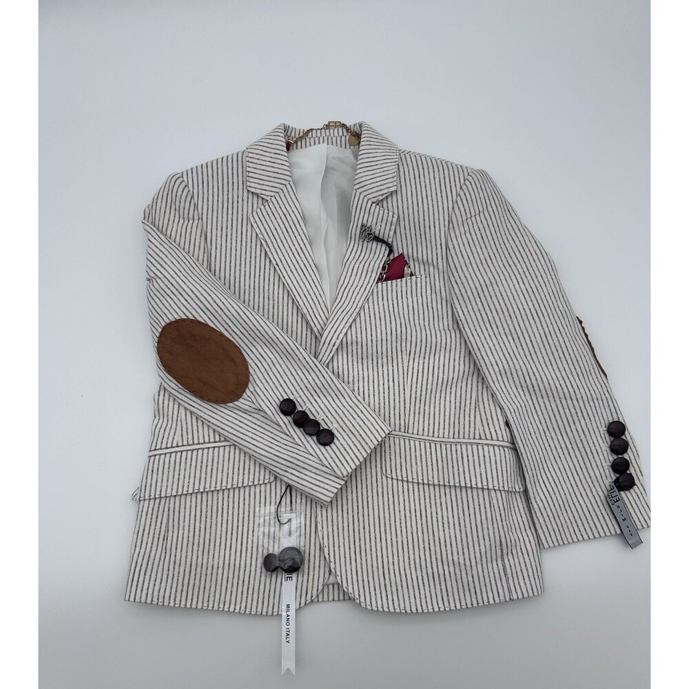 Elie Balleh Toddler Boys 2/3 Cream Grey Pinstripe Blazer Sport Coat Elbow Patch